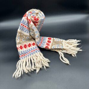 Vintage Knit Scarf 1980s Acrylic USA Fringe Winter Red Blue Tan Folk Retro